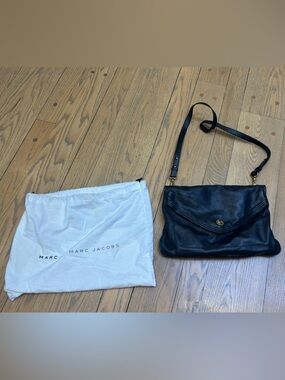 Marc Jacobs Black Leather Messenger Crossbody with Gold Hardware